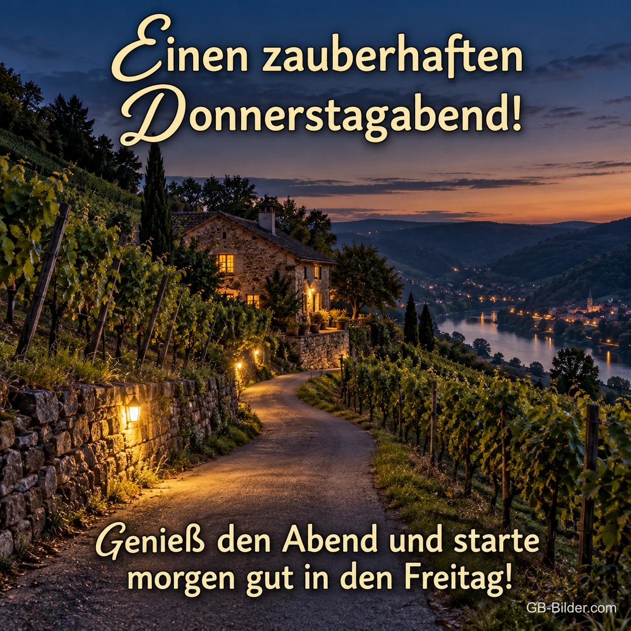 Beleuchteter Weg durch Weinberge über einem Fluss, Text: Einen zauberhaften Donnerstagabend! – Genieß den Abend und starte morgen gut in den Freitag!