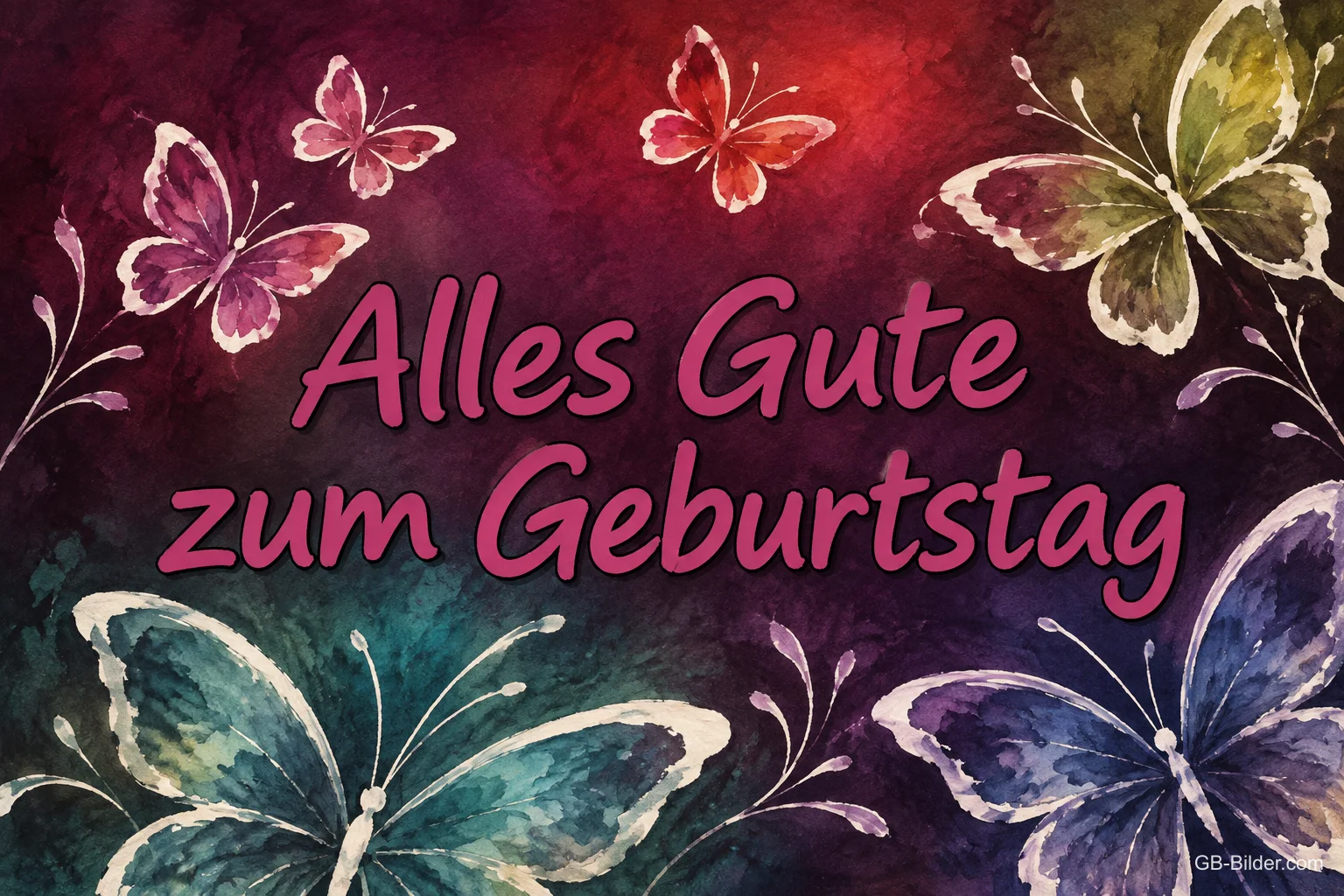 Bunte Schmetterlinge in Aquarell, Text: Alles Gute zum Geburtstag