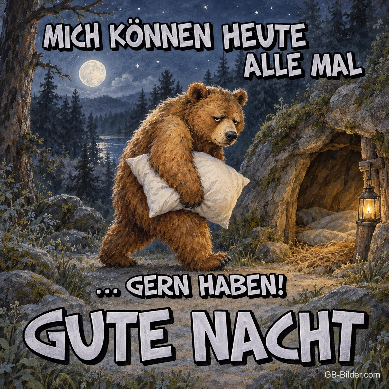 Müder Bär mit Kissen, Text: MICH KÖNNEN HEUTE ALLE MAL