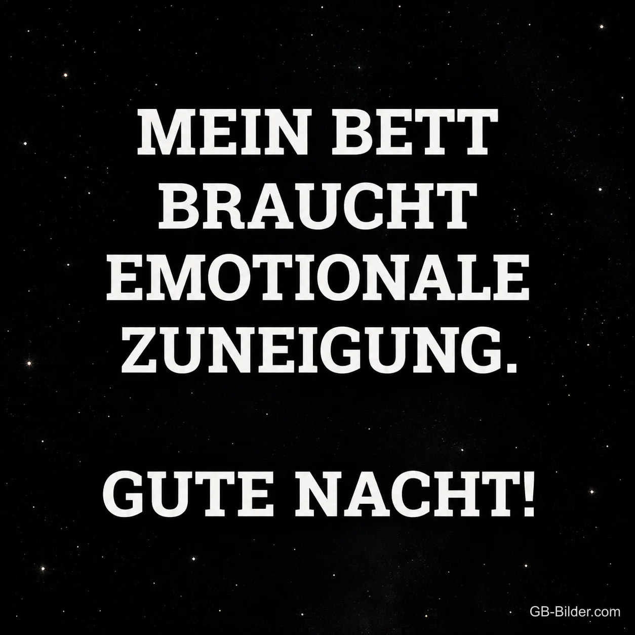 Weiße Schrift vor Sternenhimmel, Text: Mein Bett braucht emotionale Zuneigung. Gute Nacht!