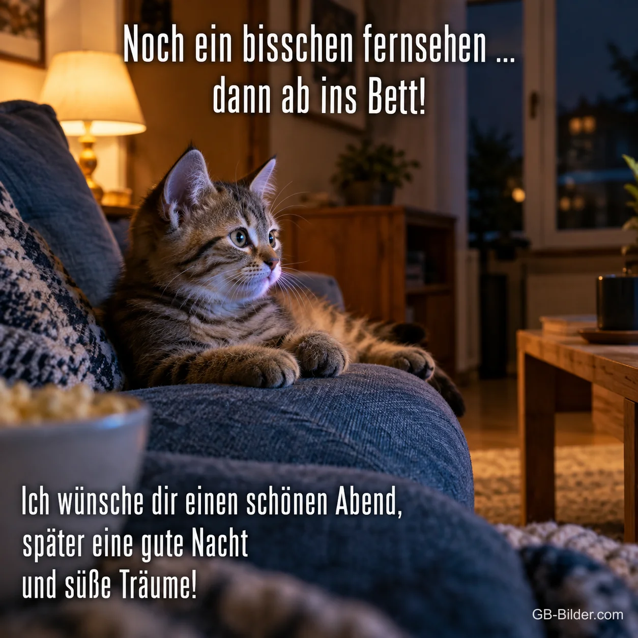 Tigerkätzchen schaut auf dem Sofa fern, Text: Noch ein bisschen fernsehen … dann ab ins Bett! – Ich wünsche dir einen schönen Abend, später eine gute Nacht und süße Träume!