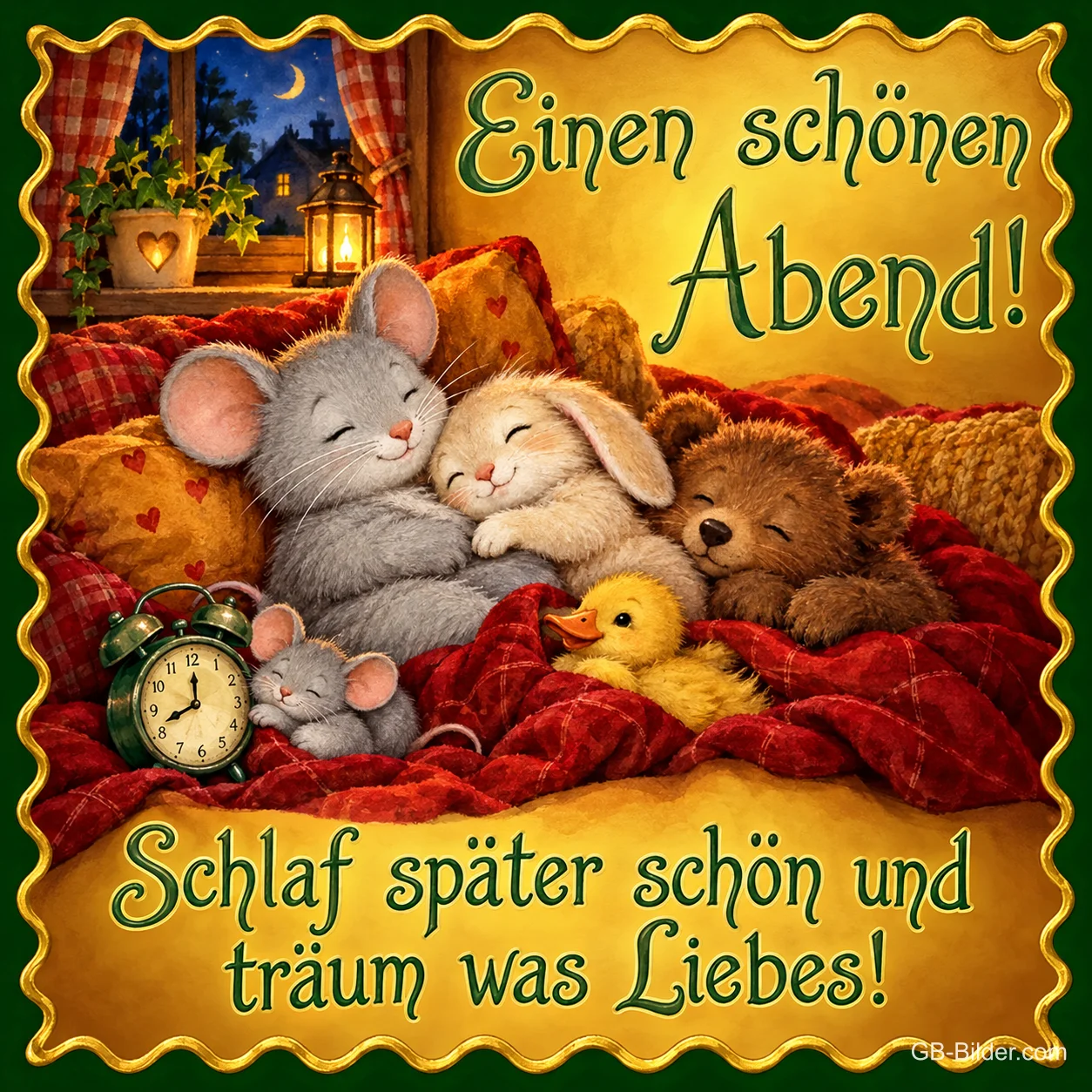Maus, Hase, Bär und Entchen schlafen unter einer roten Decke, Text: Einen schönen Abend! – Schlaf später schön und träum was Liebes!