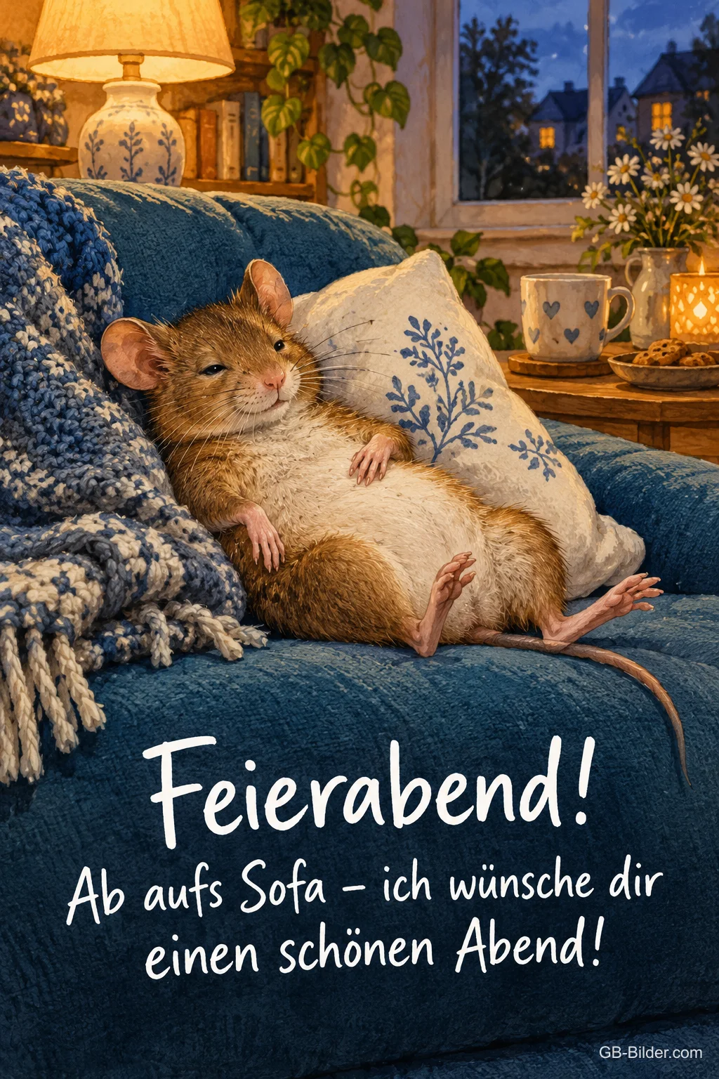Maus liegt satt auf dem Sofa, Text: Feierabend! – Ab aufs Sofa – ich wünsche dir einen schönen Abend!