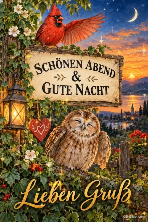 Roter Kardinal auf einem Schild, Eule darunter, Text: SCHÖNEN ABEND & GUTE NACHT – Lieben Gruß