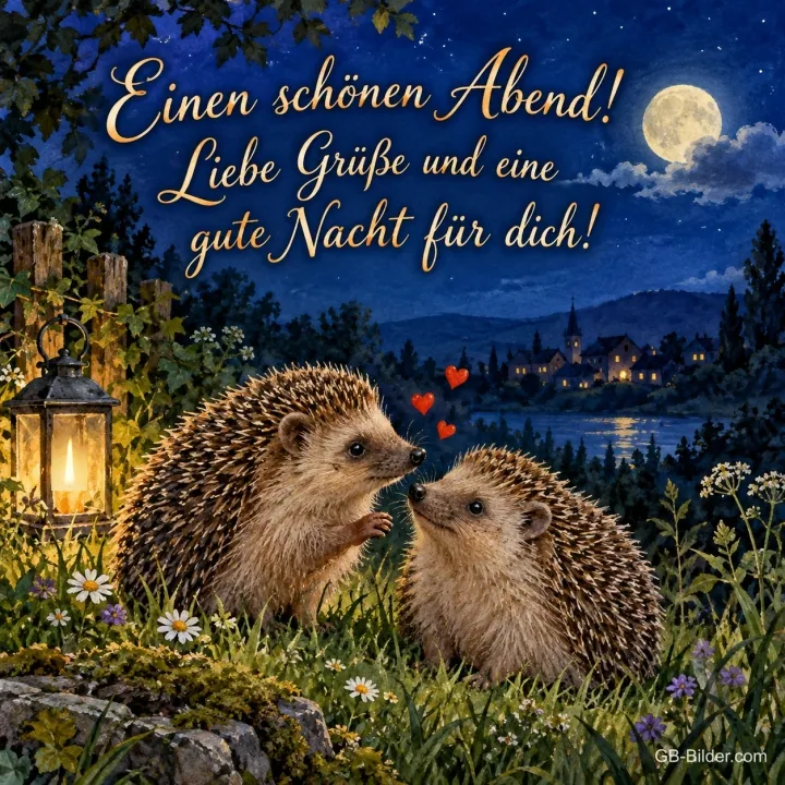 Zwei Igel unter Herzen am nächtlichen See, Text: Einen schönen Abend! – Liebe Grüße und eine gute Nacht für dich!