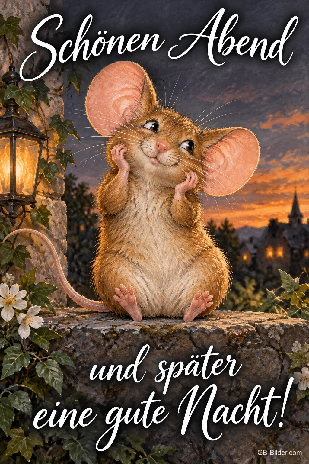 Maus stützt verträumt die Wangen auf einer Mauer im Abendlicht, Text: Schönen Abend und später eine gute Nacht!