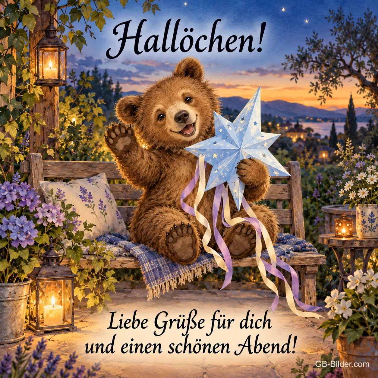 Bär winkt mit einem Stern auf einer Gartenbank, Text: Hallöchen! – Liebe Grüße für dich und einen schönen Abend!