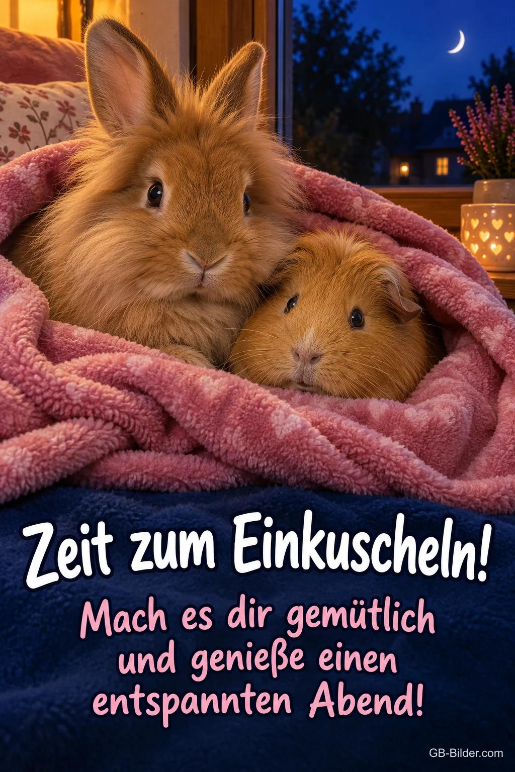 Kaninchen und Meerschweinchen kuscheln in einer rosa Decke, Text: Zeit zum Einkuscheln! – Mach es dir gemütlich und genieße einen entspannten Abend!