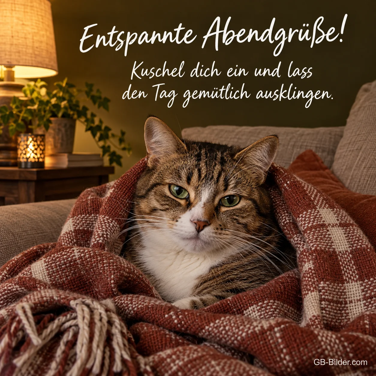 Tigerkatze liegt in einer karierten Decke, Text: Entspannte Abendgrüße! – Kuschel dich ein und lass den Tag gemütlich ausklingen.