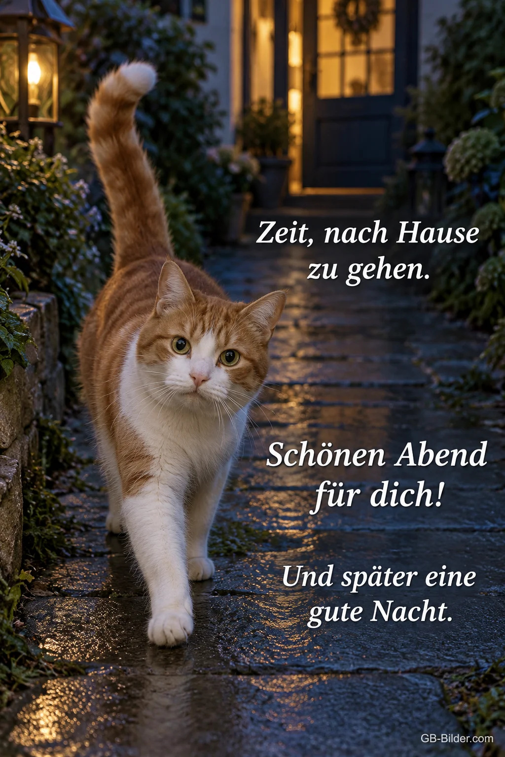 Rote Katze läuft durch eine abendliche Gasse, Text: Zeit, nach Hause zu gehen. – Schönen Abend für dich! Und später eine gute Nacht.