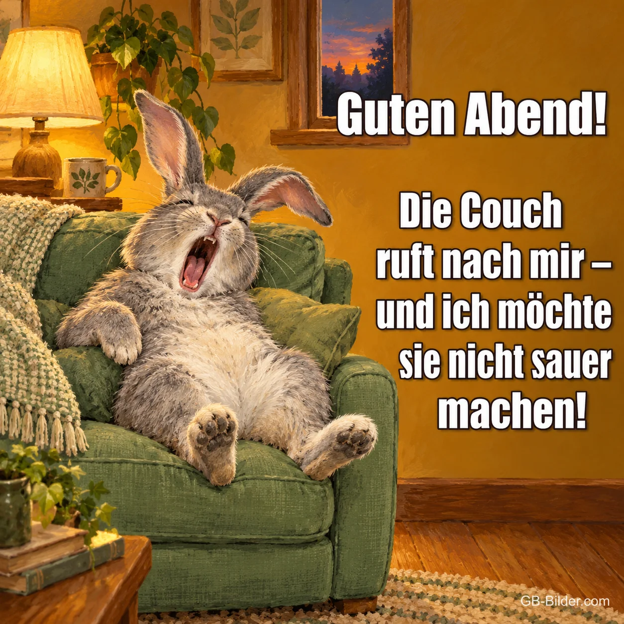 Hase gähnt im Sessel, Text: Guten Abend! – Die Couch ruft nach mir – und ich möchte sie nicht sauer machen!