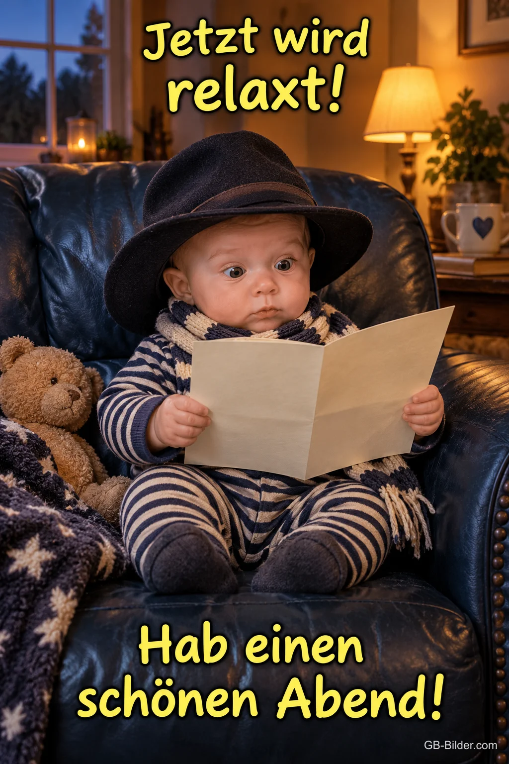 Baby mit Hut liest im Ledersessel, Text: Jetzt wird relaxt! – Hab einen schönen Abend!