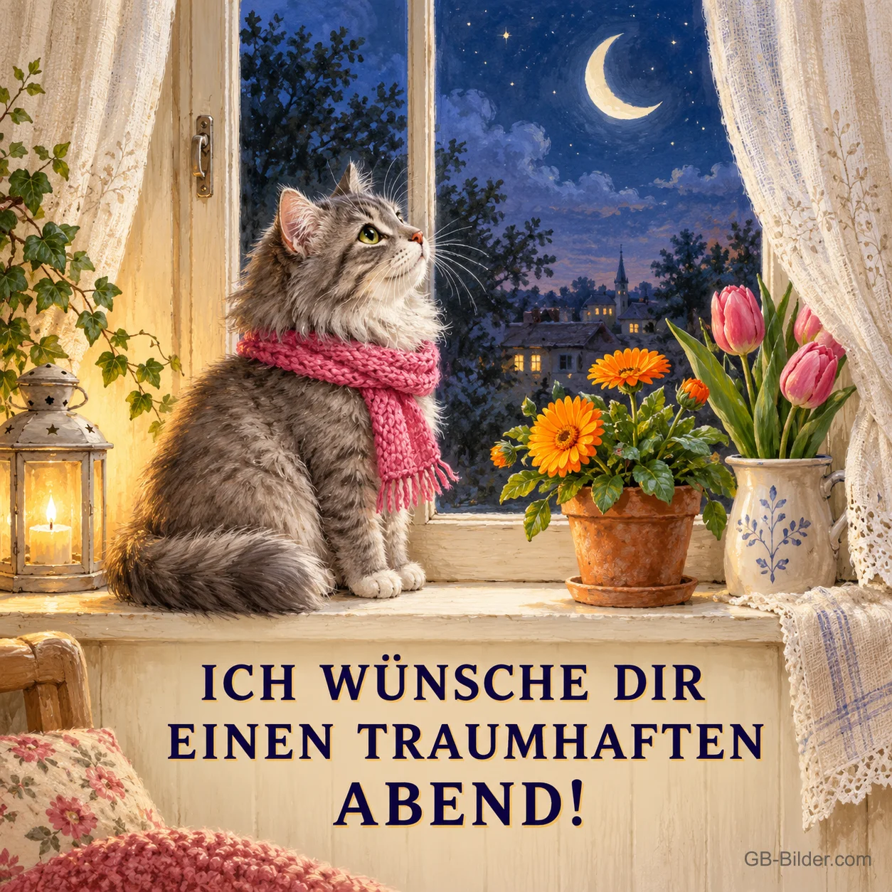 Katze mit Schal sitzt am Fenster mit Blumen, Text: ICH WÜNSCHE DIR EINEN TRAUMHAFTEN ABEND!