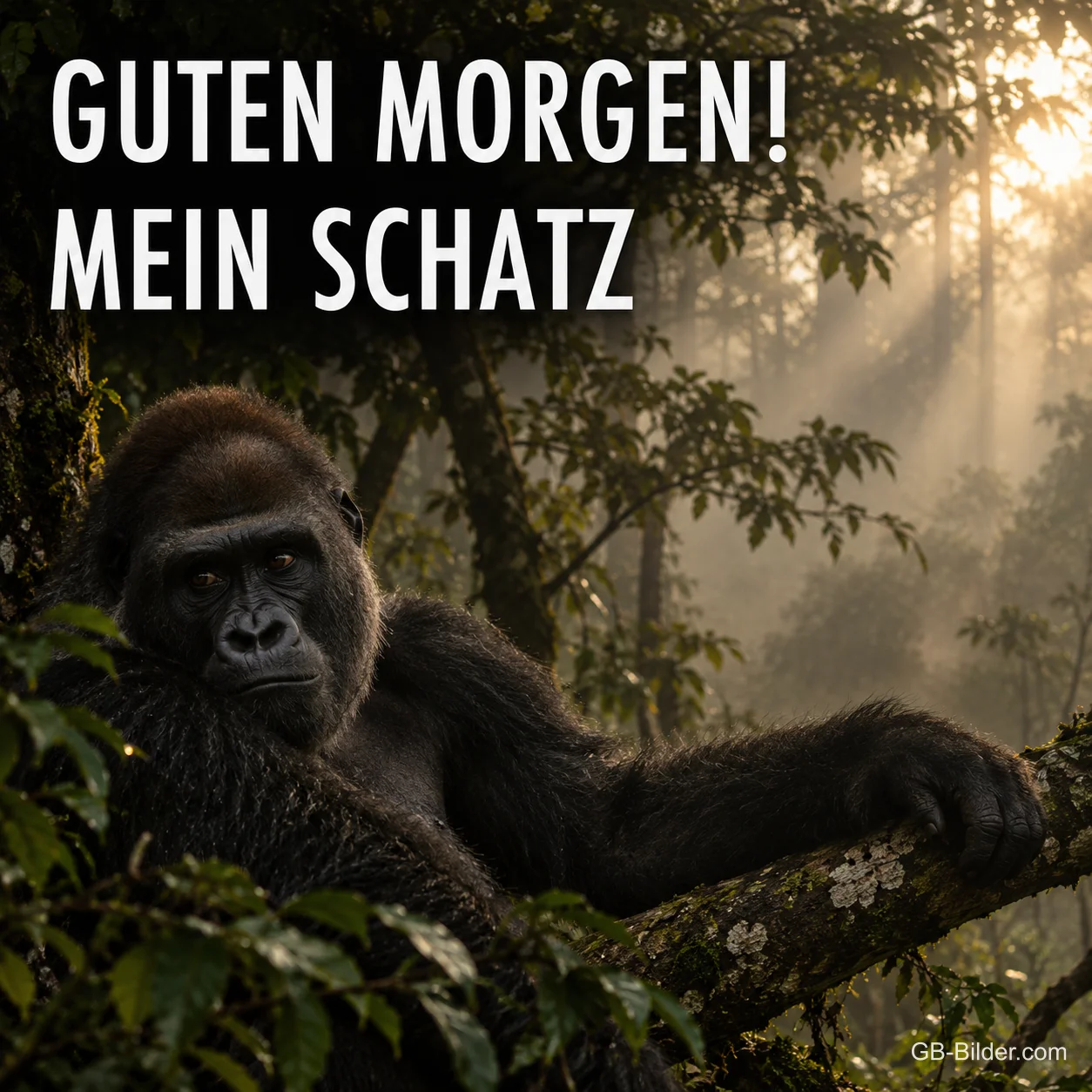 Gorilla auf einem Ast im Regenwald, Text: Guten Morgen! Mein Schatz