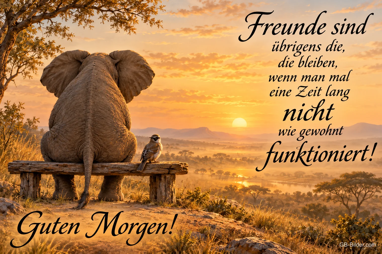 Elefant und Vogel auf einer Bank, Spruch über Freunde, Guten Morgen!