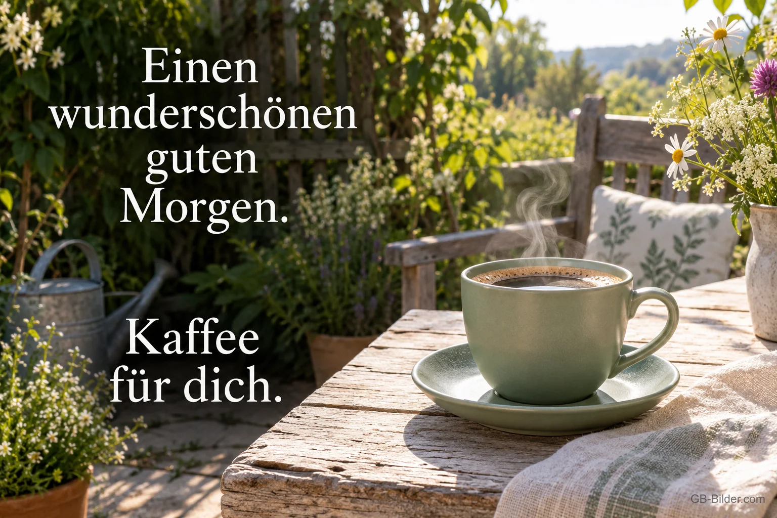 Kaffeetasse im Garten, Text: Einen wunderschönen guten Morgen