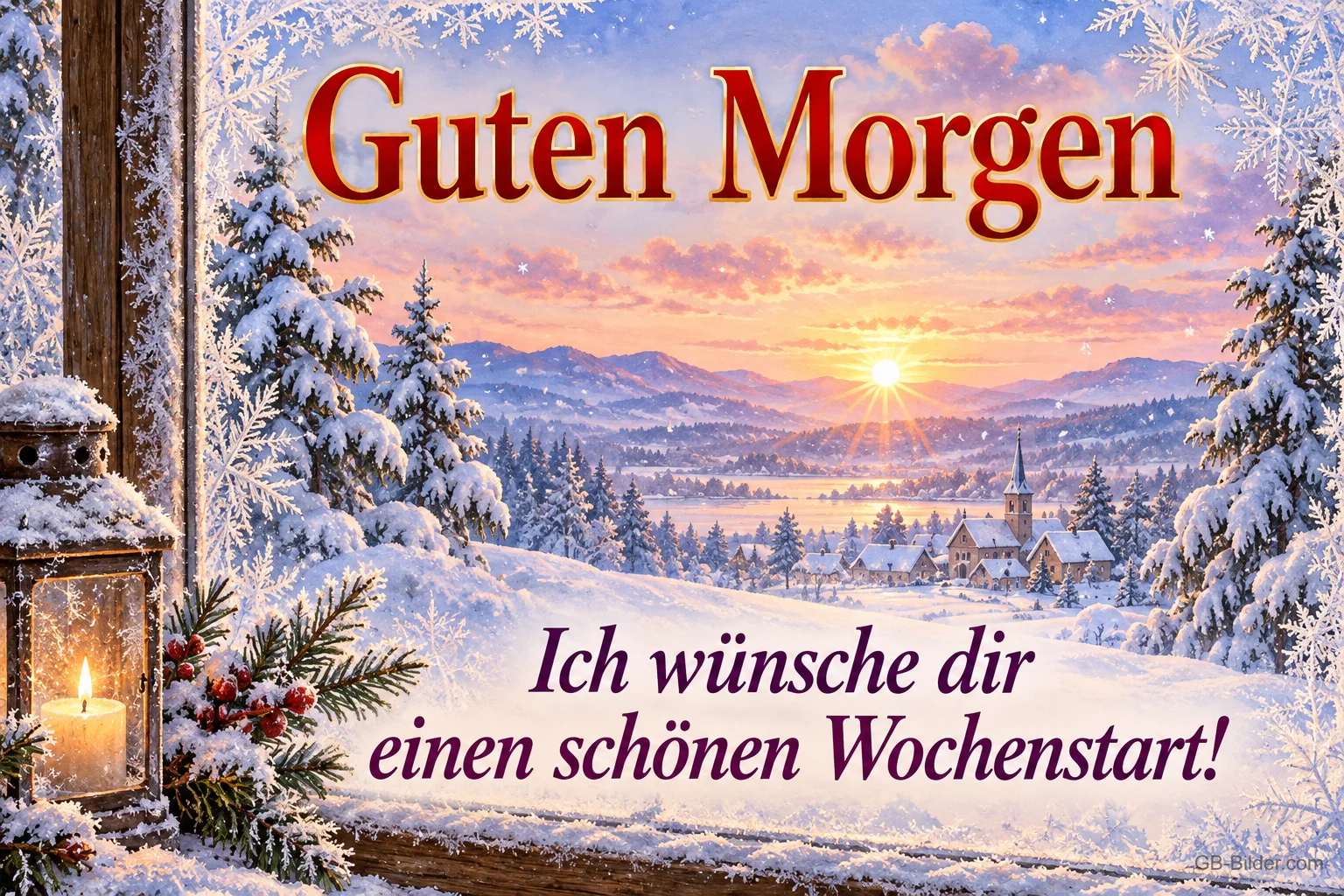 Verschneite Landschaft im Sonnenaufgang durch ein Fenster, Text: Guten Morgen – Ich wünsche dir einen schönen Wochenstart!