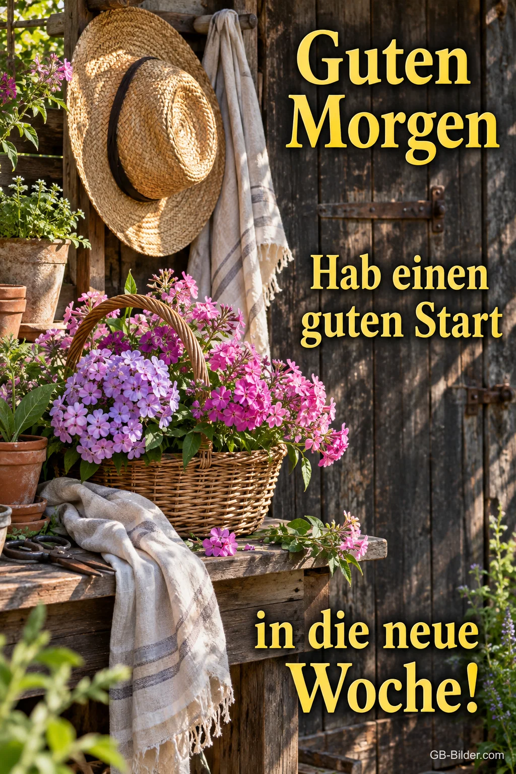 Strohhut und Korb mit Phlox an einer Holztür, Text: Guten Morgen – Hab einen guten Start in die neue Woche!