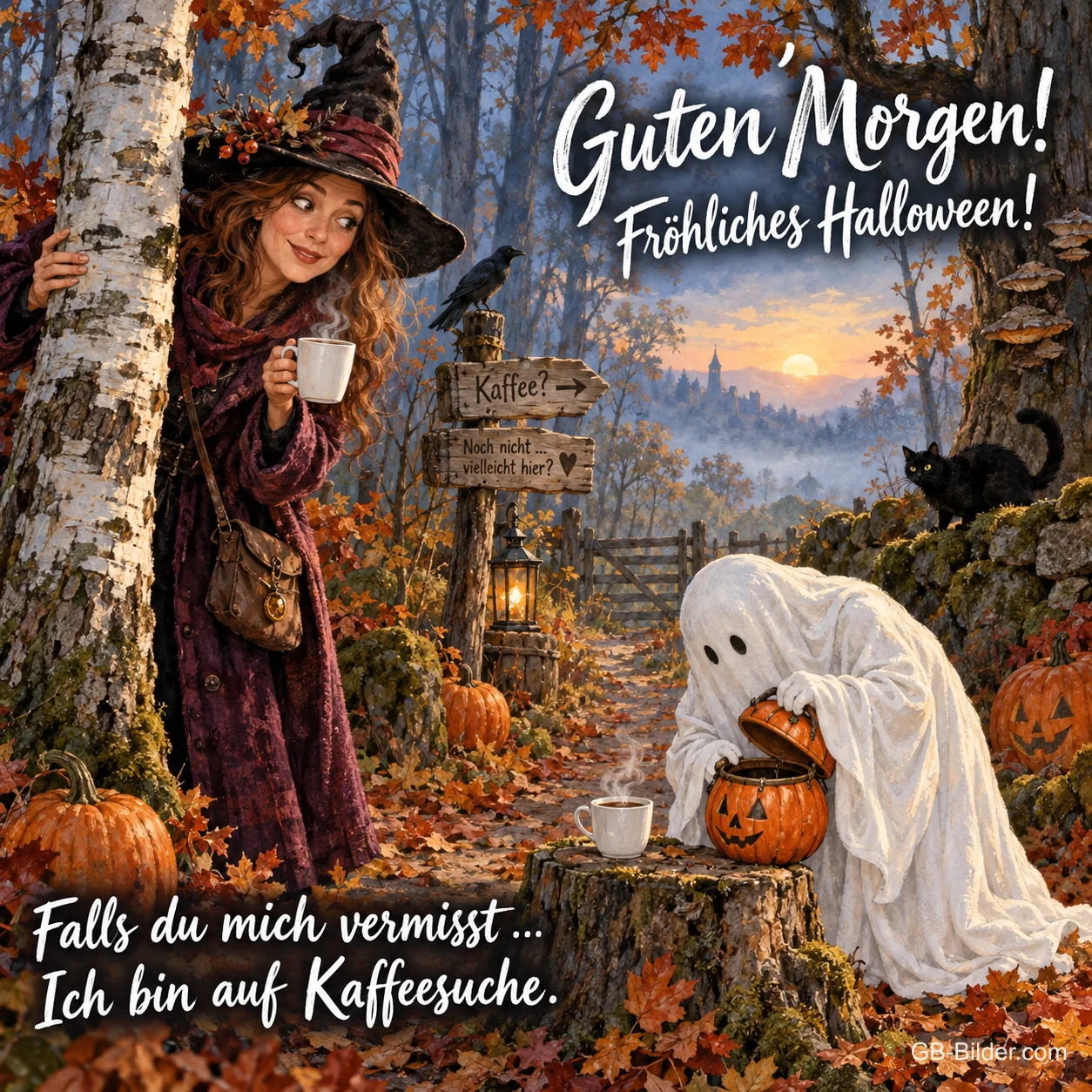 Hexe mit Kaffeetasse und Gespenst im Herbstwald, Text: Guten Morgen! Fröhliches Halloween! – Falls du mich vermisst … Ich bin auf Kaffeesuche.