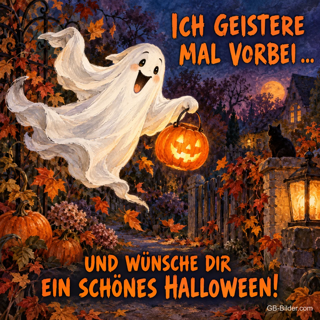 Fröhliches Gespenst mit Kürbislaterne im Herbstgarten, Text: ICH GEISTERE MAL VORBEI … – UND WÜNSCHE DIR EIN SCHÖNES HALLOWEEN!