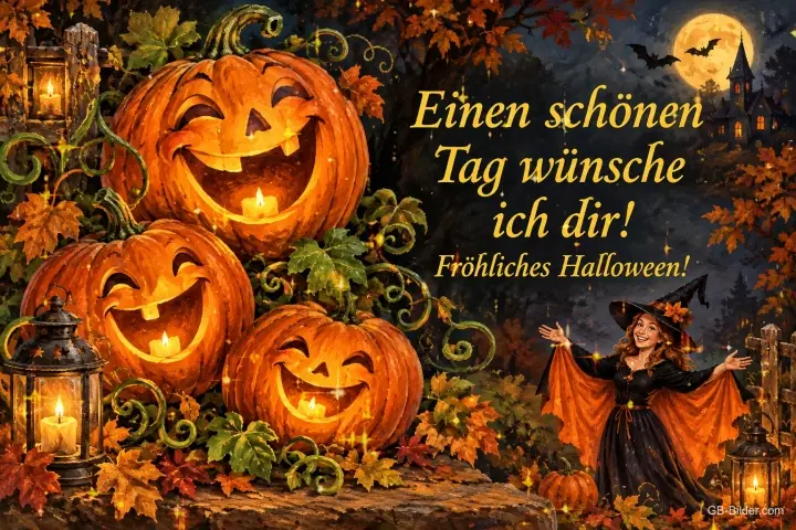 Lachende Kürbislaternen und Hexe mit Umhang im Herbstwald, Text: Einen schönen Tag wünsche ich dir! – Fröhliches Halloween!