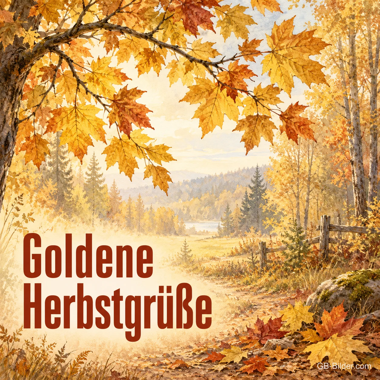 Herbstlicher Waldweg unter goldenem Ahornlaub mit Holzzaun und See, Text: Goldene Herbstgrüße