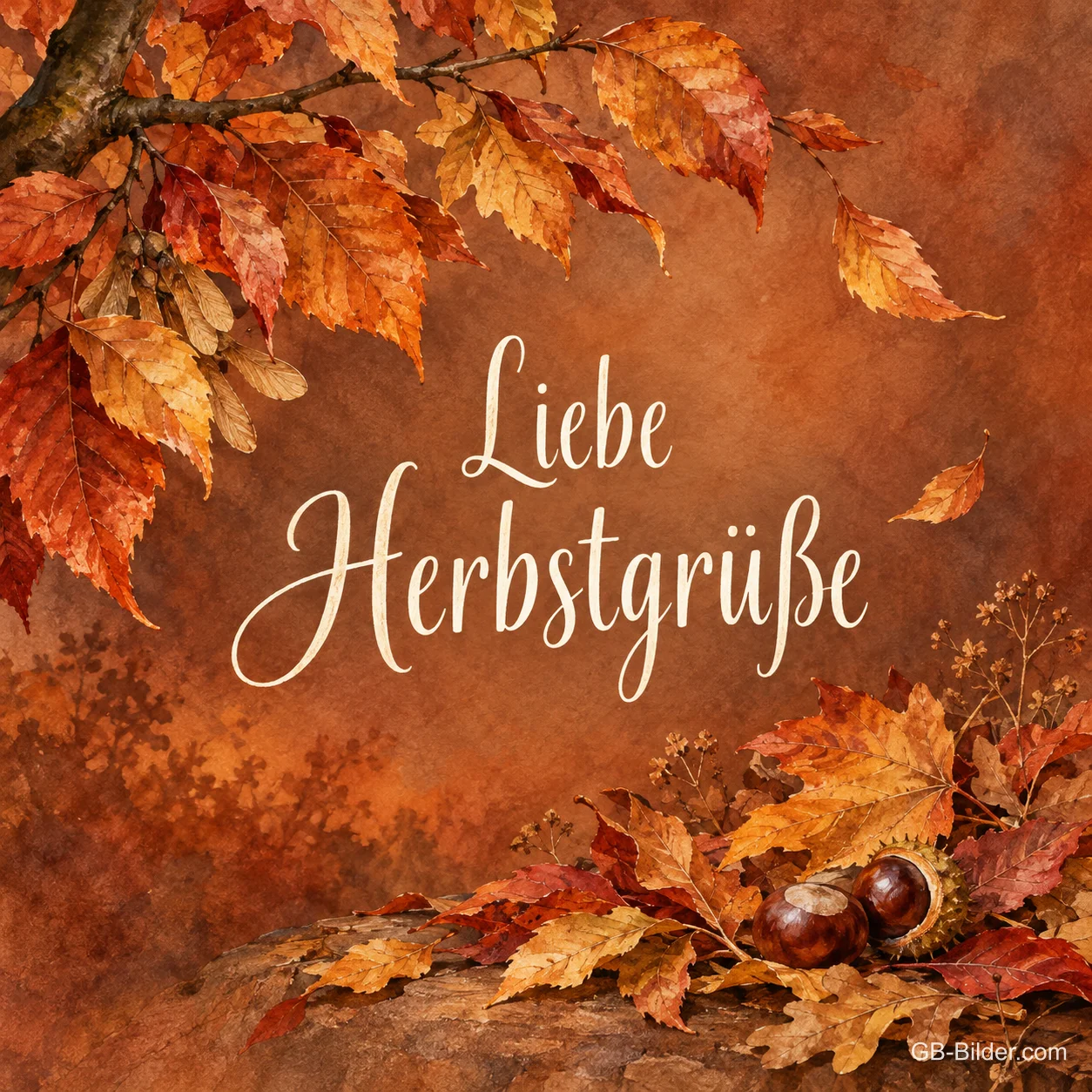 Gemaltes rotgoldenes Herbstlaub mit Kastanien, Text: Liebe Herbstgrüße