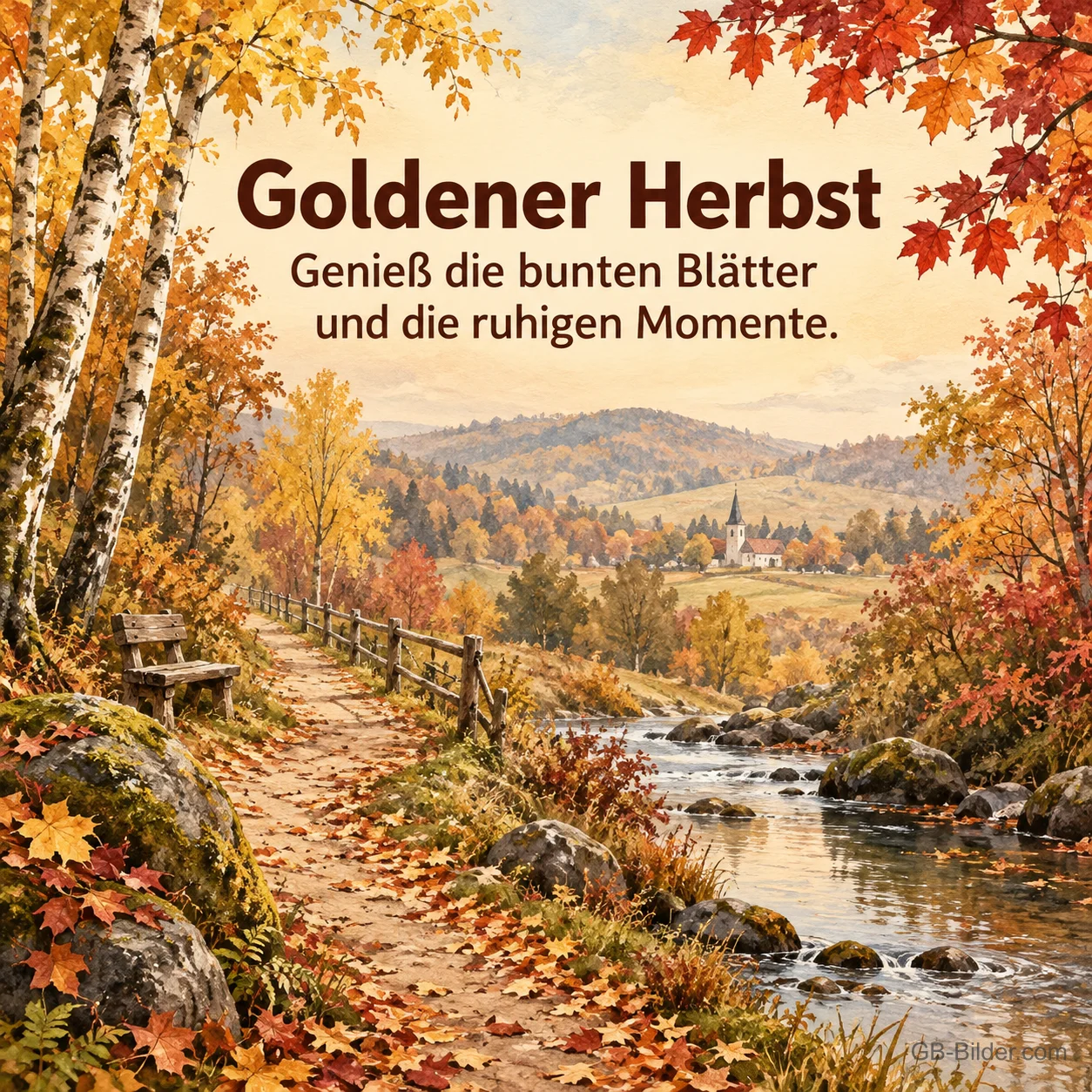 Herbstlicher Wanderweg am Bach mit Birken und Holzzaun, Text: Goldener Herbst – Genieß die bunten Blätter und die ruhigen Momente.