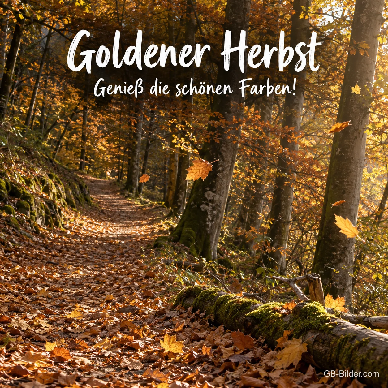 Waldweg durch goldenen Herbstwald mit fallenden Blättern, Text: Goldener Herbst – Genieß die schönen Farben!