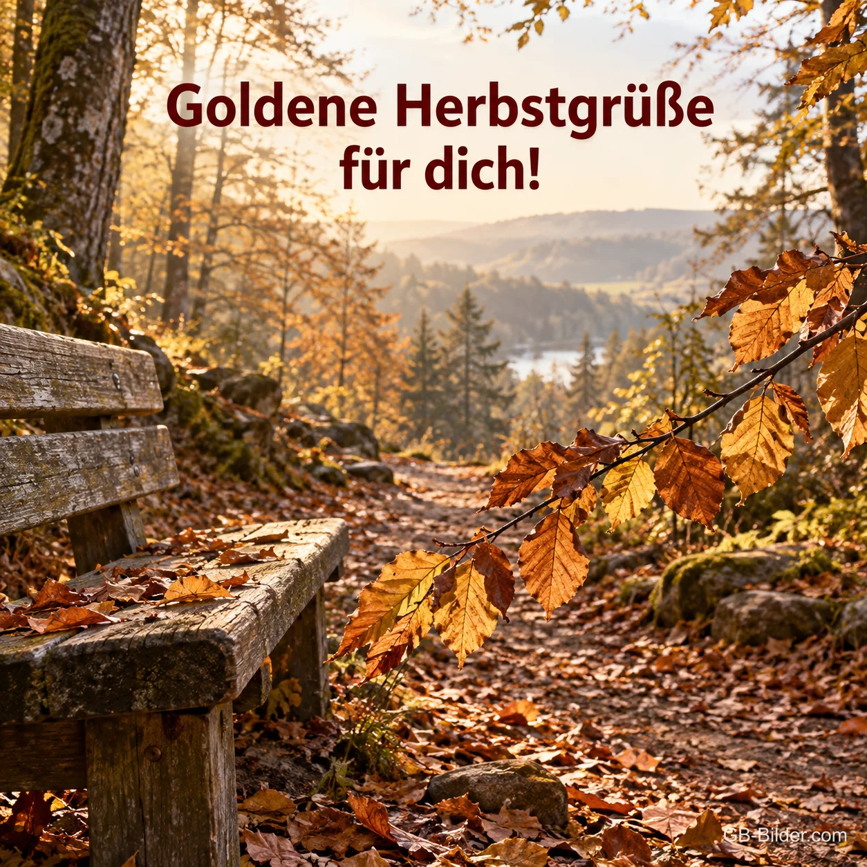 Holzbank am herbstlichen Waldweg mit Blick ins Tal, Text: Goldene Herbstgrüße für dich!