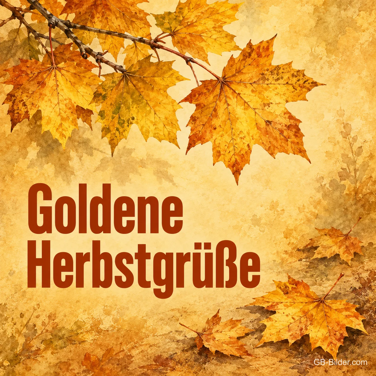 Goldgelbe Ahornblätter an einem Zweig, Text: Goldene Herbstgrüße