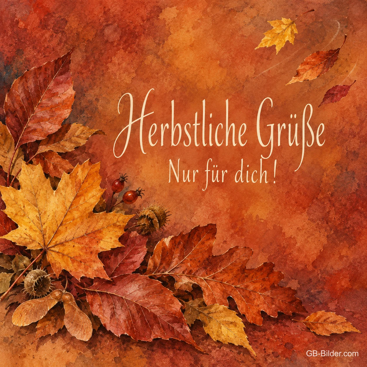 Gemalte Herbstblätter mit Hagebutten, Text: Herbstliche Grüße – nur für dich!