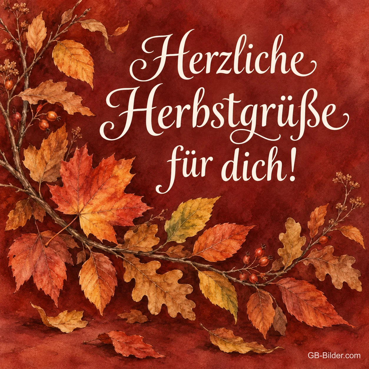Kranz aus Herbstlaub auf dunkelrotem Grund, Text: Herzliche Herbstgrüße für dich!