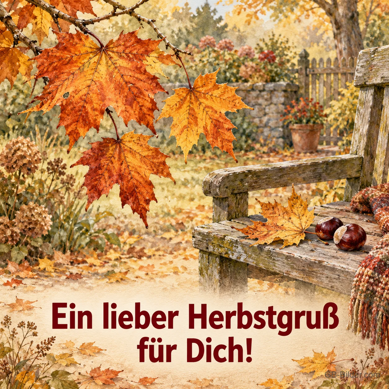 Ahornblätter über einer Gartenbank mit Kastanien, Text: Ein lieber Herbstgruß für dich!