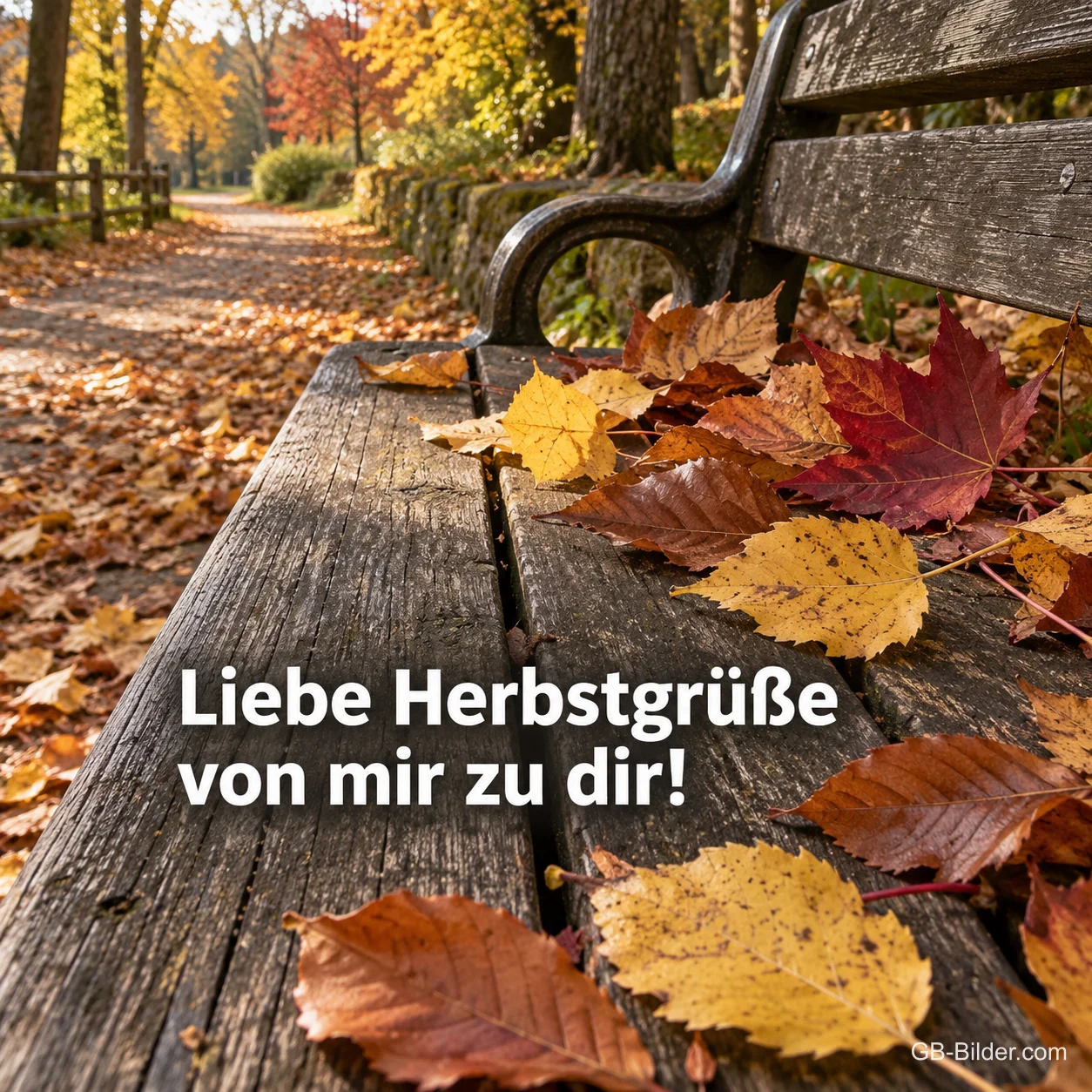 Herbstlaub auf einer Parkbank, Text: Liebe Herbstgrüße von mir zu dir!