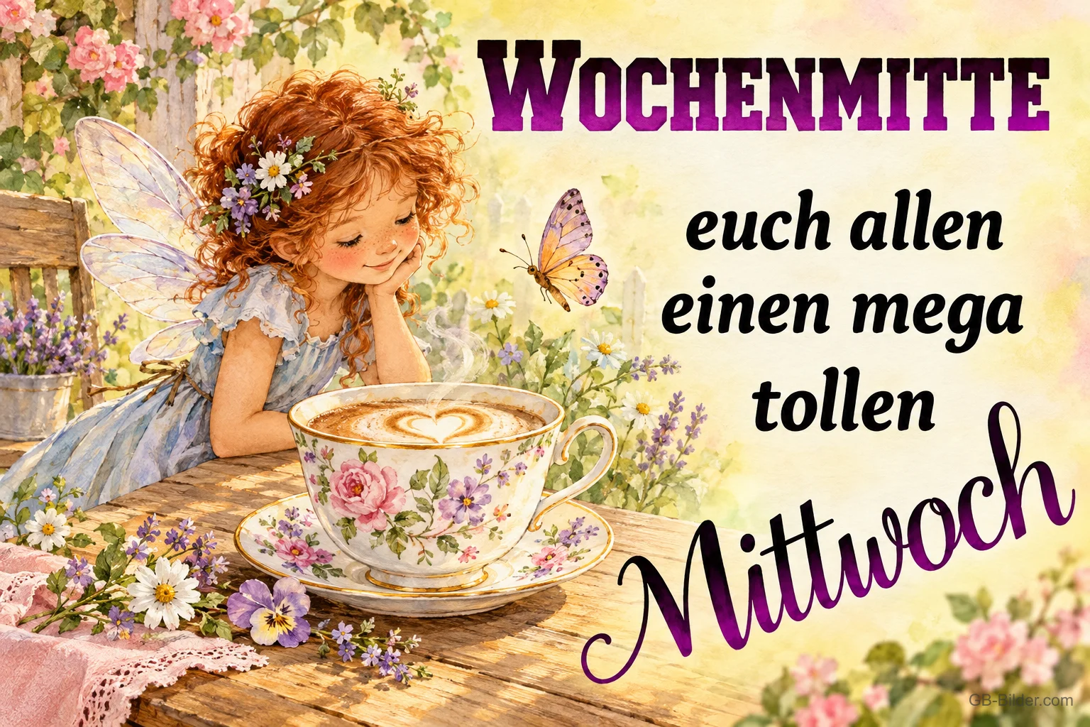 Fee mit Cappuccino, Text: WOCHENMITTE euch allen einen mega tollen Mittwoch
