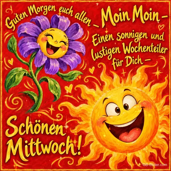 Lachende Sonne und lachende lila Blume auf Rot, Text: Moin Moin – Guten Morgen euch allen – Einen sonnigen und lustigen Wochenteiler für Dich – Schönen Mittwoch!