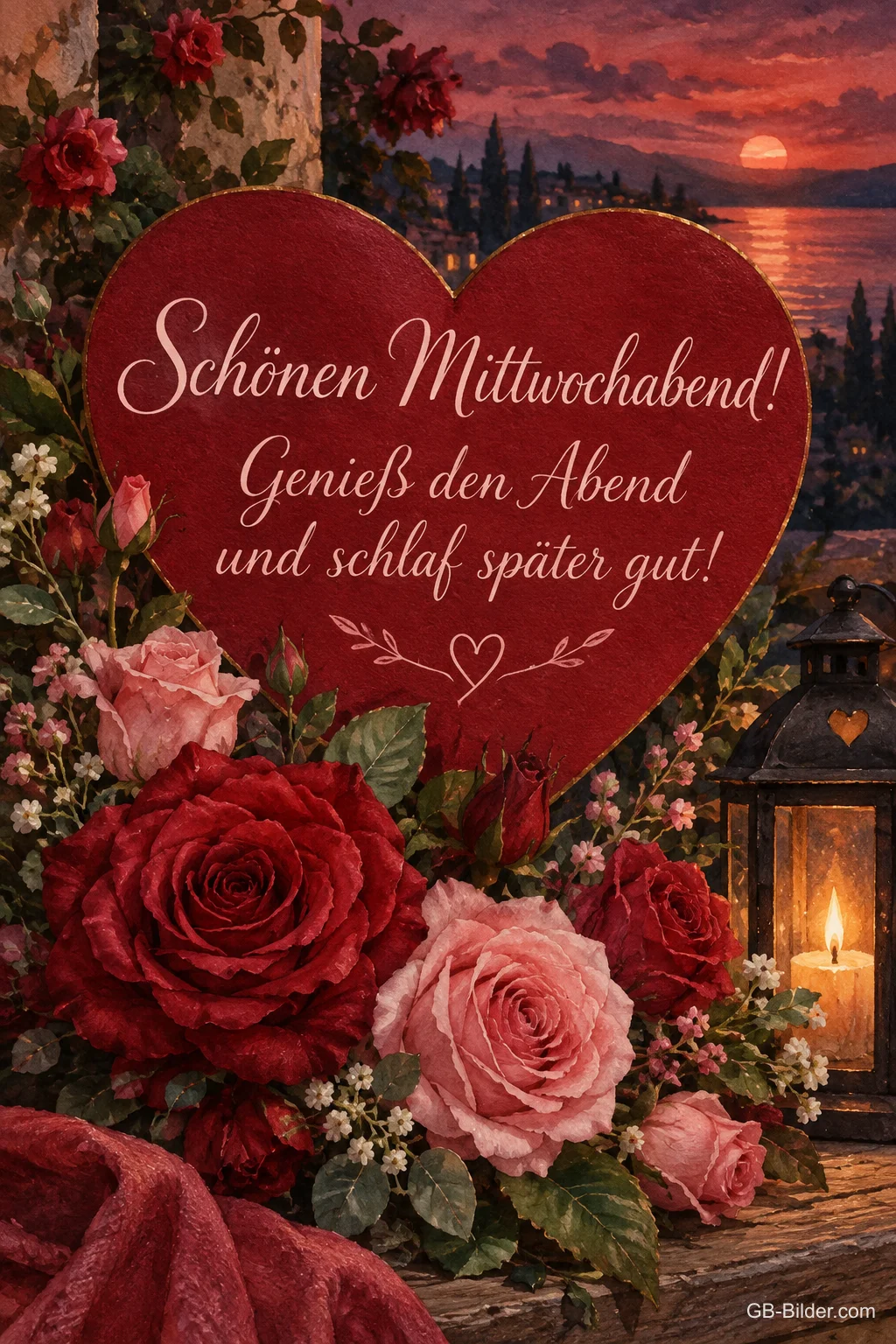 Rotes Herz zwischen Rosen und Laterne am See, Text: Schönen Mittwochabend! – Genieß den Abend und schlaf später gut!