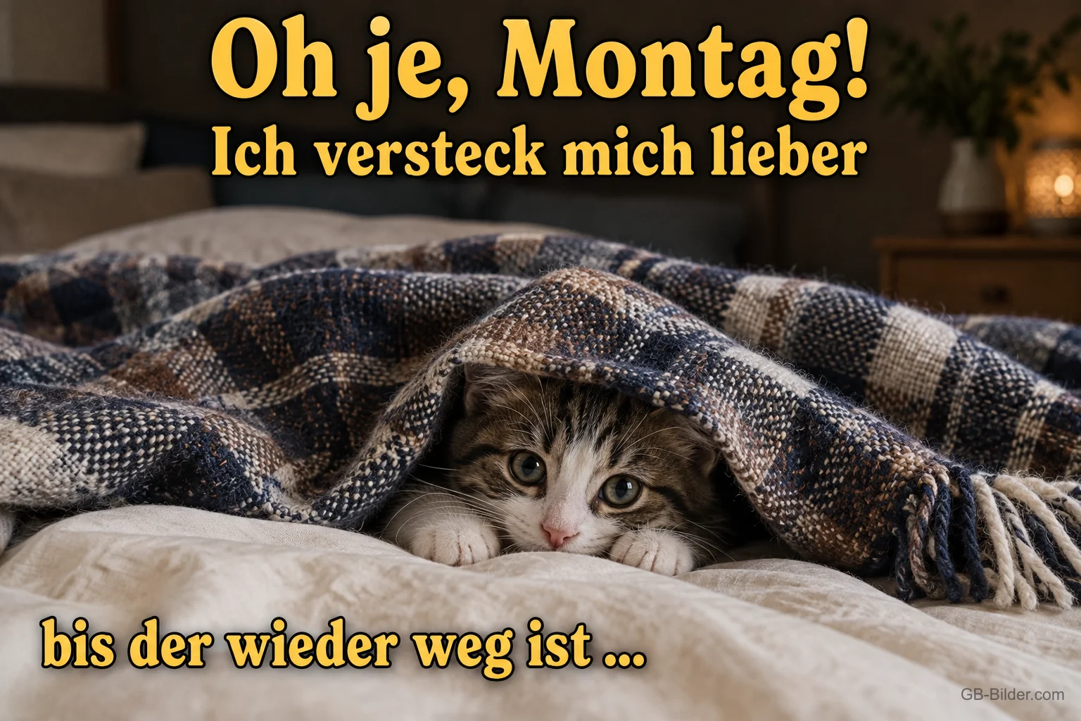 Kätzchen versteckt sich unter einer karierten Decke, Text: Oh je, Montag! Ich versteck mich lieber bis der wieder weg ist …
