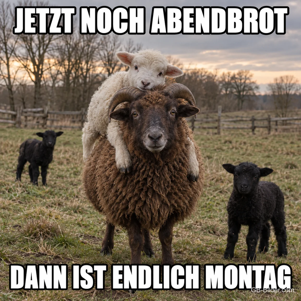Lamm auf dem Rücken eines Schafbocks, Text: Jetzt noch Abendbrot, dann ist endlich Montag