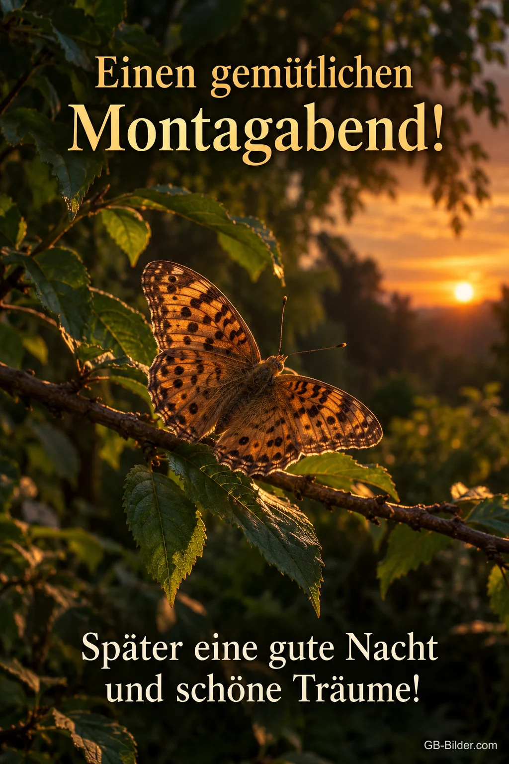 Schmetterling auf einem Zweig im Abendlicht, Text: Einen gemütlichen Montagabend! – Später eine gute Nacht und schöne Träume!