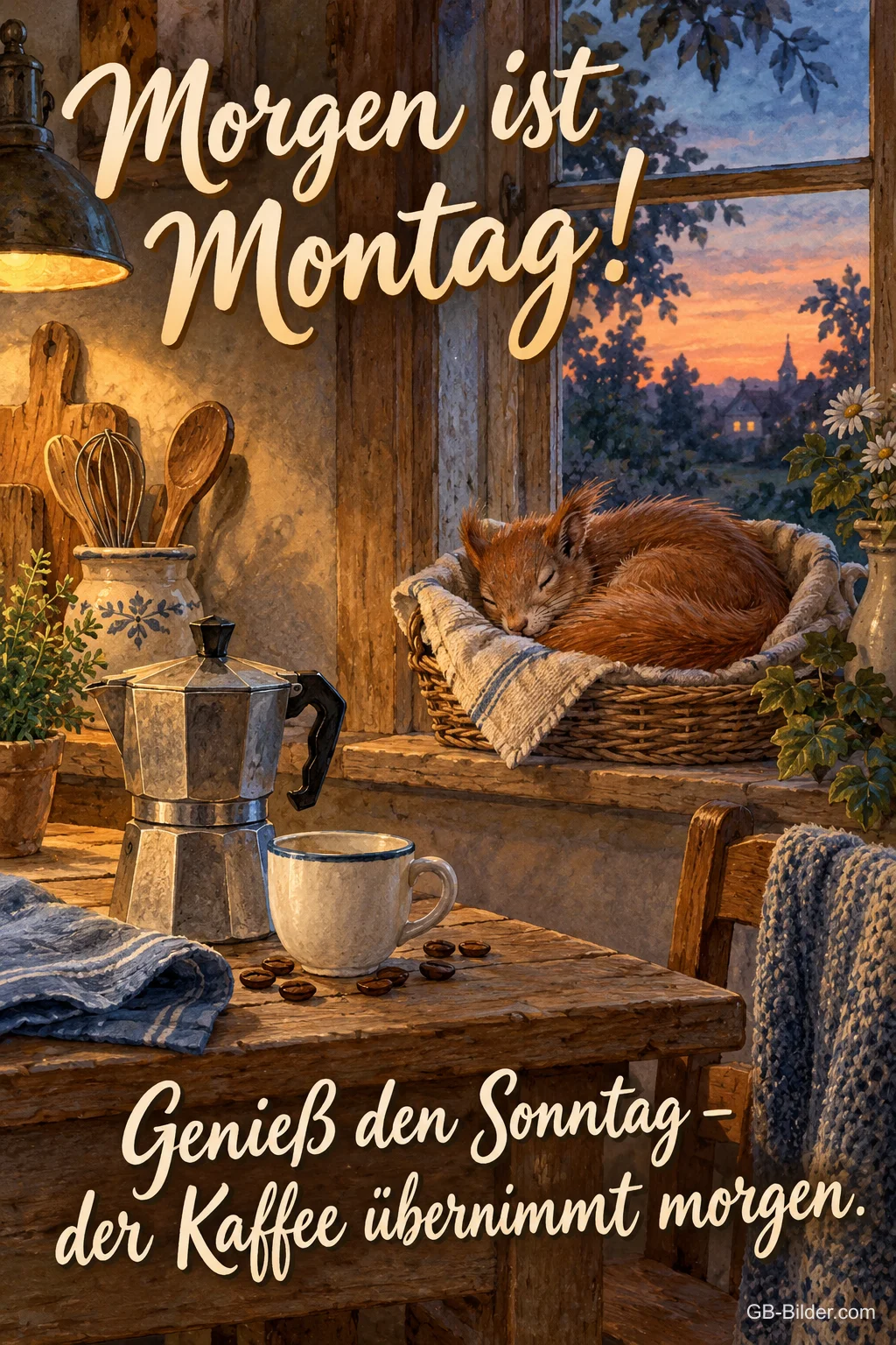 Espressokanne in der Küche, lustiger Text: Morgen ist Montag!