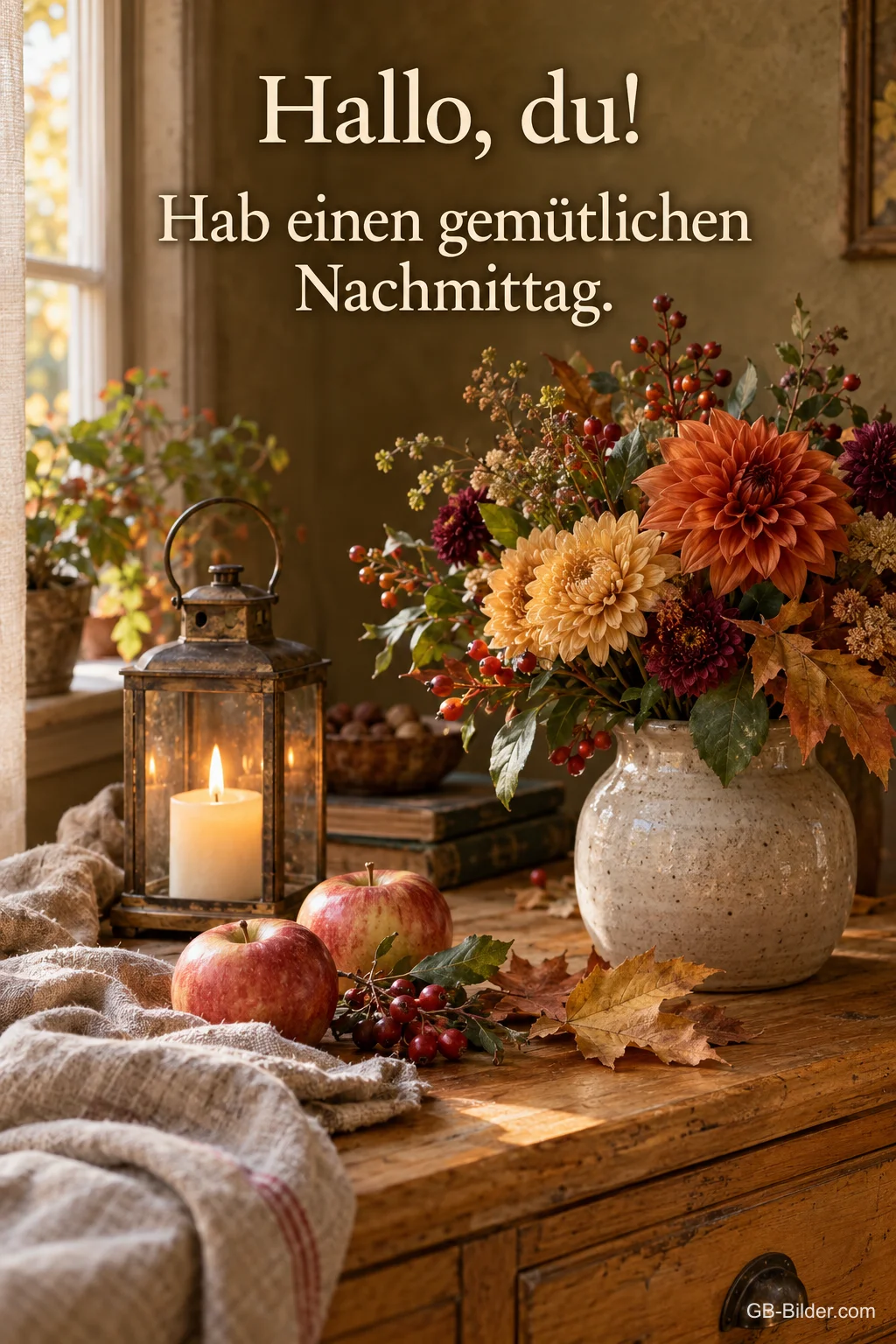 Herbstblumen und Laterne auf einer Kommode, Text: Hallo, du! Hab einen gemütlichen Nachmittag.