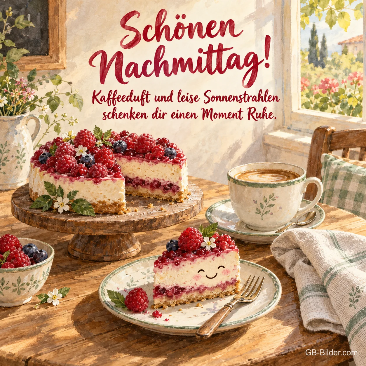 Beerentorte und Kaffee am Fenster, Text: Schönen Nachmittag!