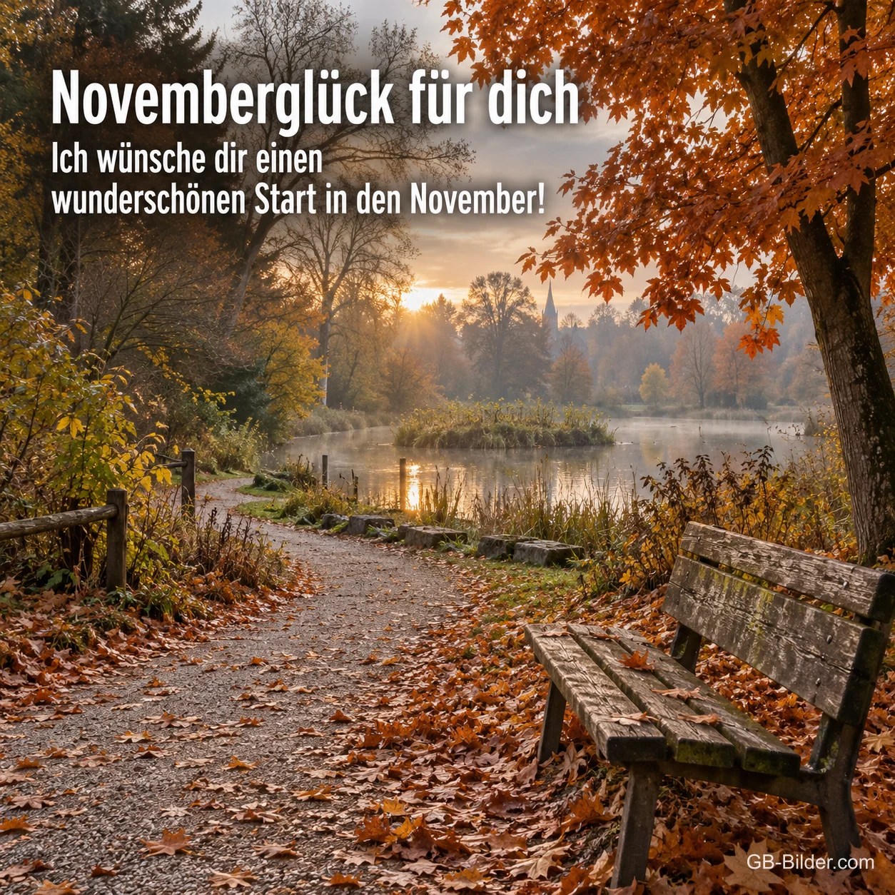 Parkweg mit Bank am herbstlichen See, Text: Novemberglück für dich