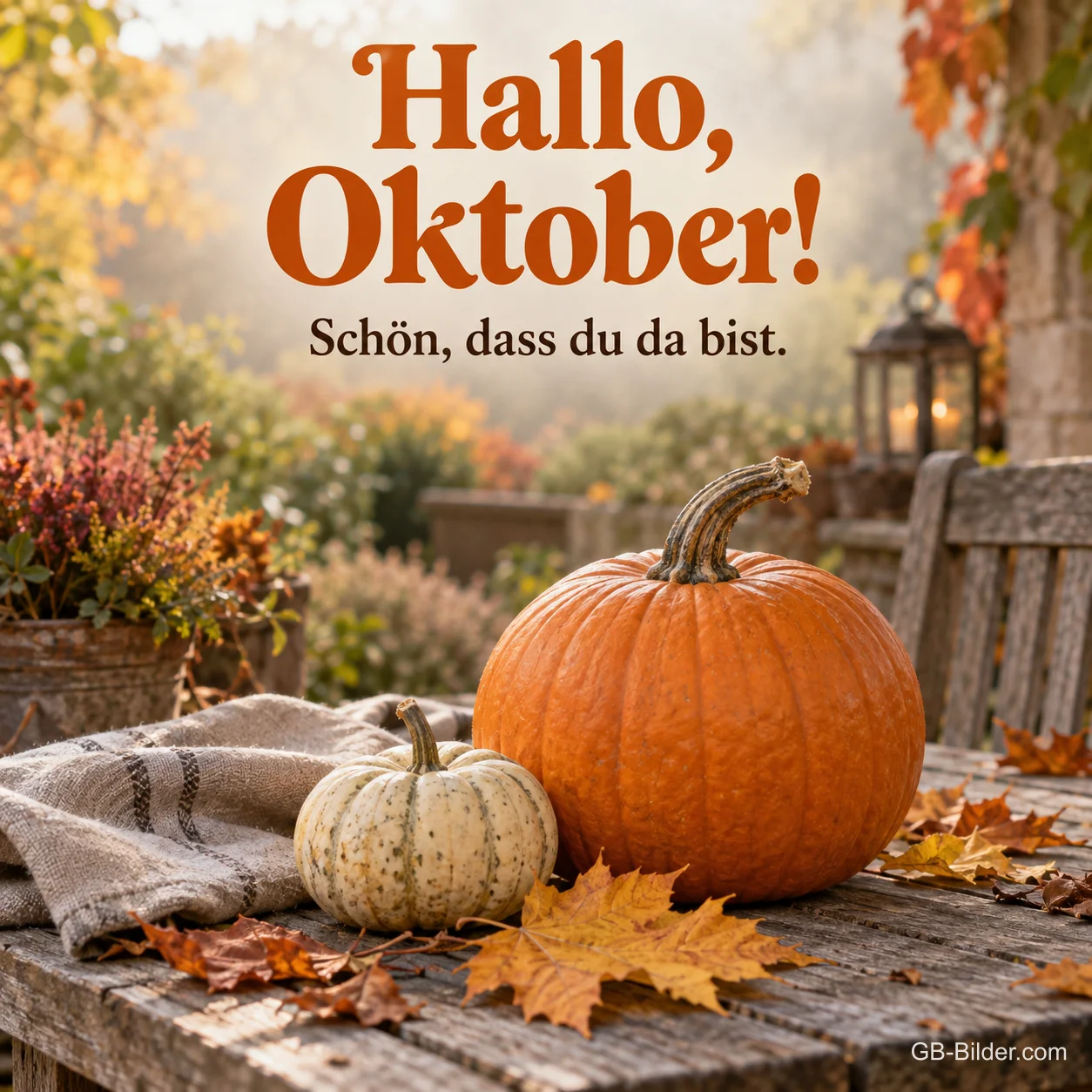 Kürbisse und Herbstlaub auf einem Gartentisch, Text: Hallo, Oktober! Schön, dass du da bist.