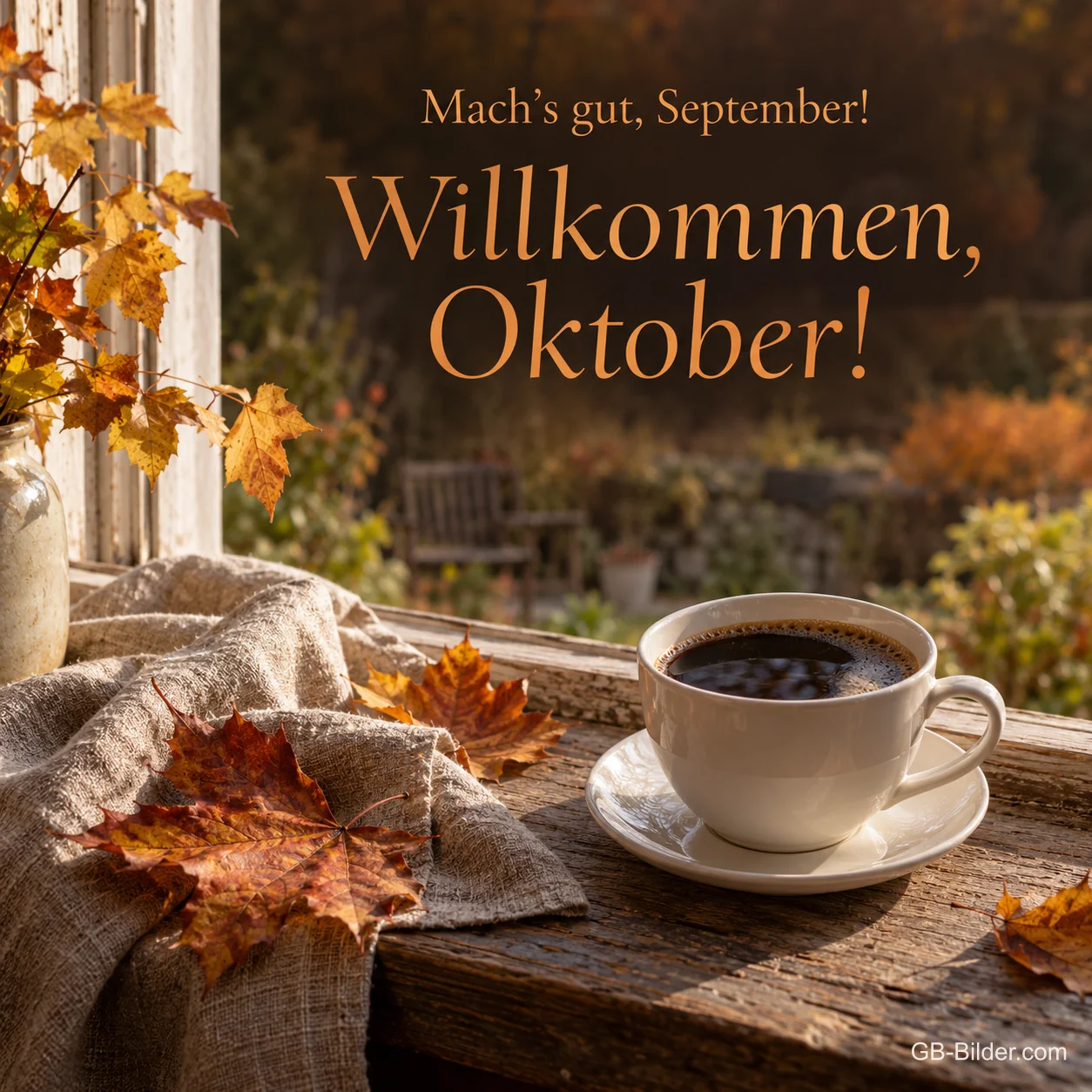 Kaffeetasse und Herbstblätter auf einer Wolldecke am Fenster, Text: Mach’s gut, September! Willkommen, Oktober!