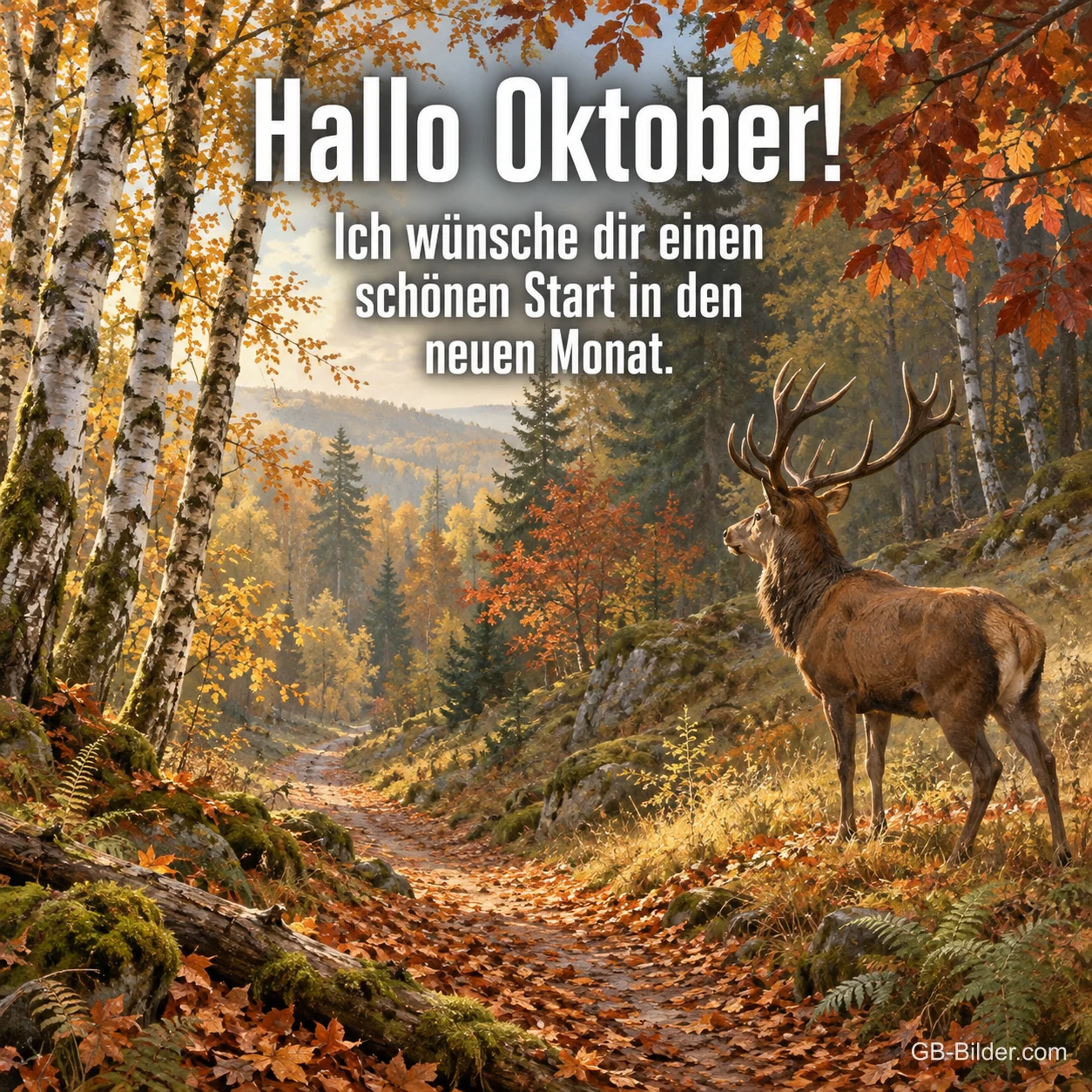 Hirsch am herbstlichen Waldweg zwischen Birken, Text: Hallo Oktober! Ich wünsche dir einen schönen Start in den neuen Monat.