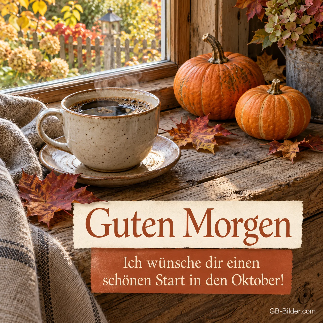 Kaffeetasse mit Kürbissen am Fenster, Text: Guten Morgen – Ich wünsche dir einen schönen Start in den Oktober!