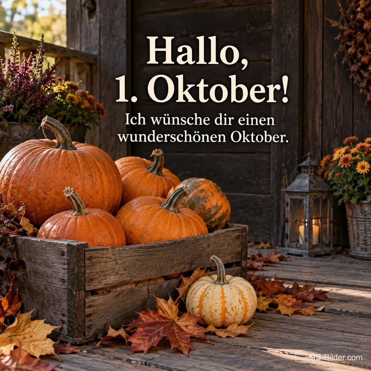 Holzkiste mit Kürbissen auf einer Veranda, Text: Hallo, 1. Oktober! Ich wünsche dir einen wunderschönen Oktober.